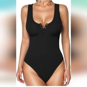 Popilush Black Button Down Sleeveless Tummy Control Tank Top Bodysuit Size M/L